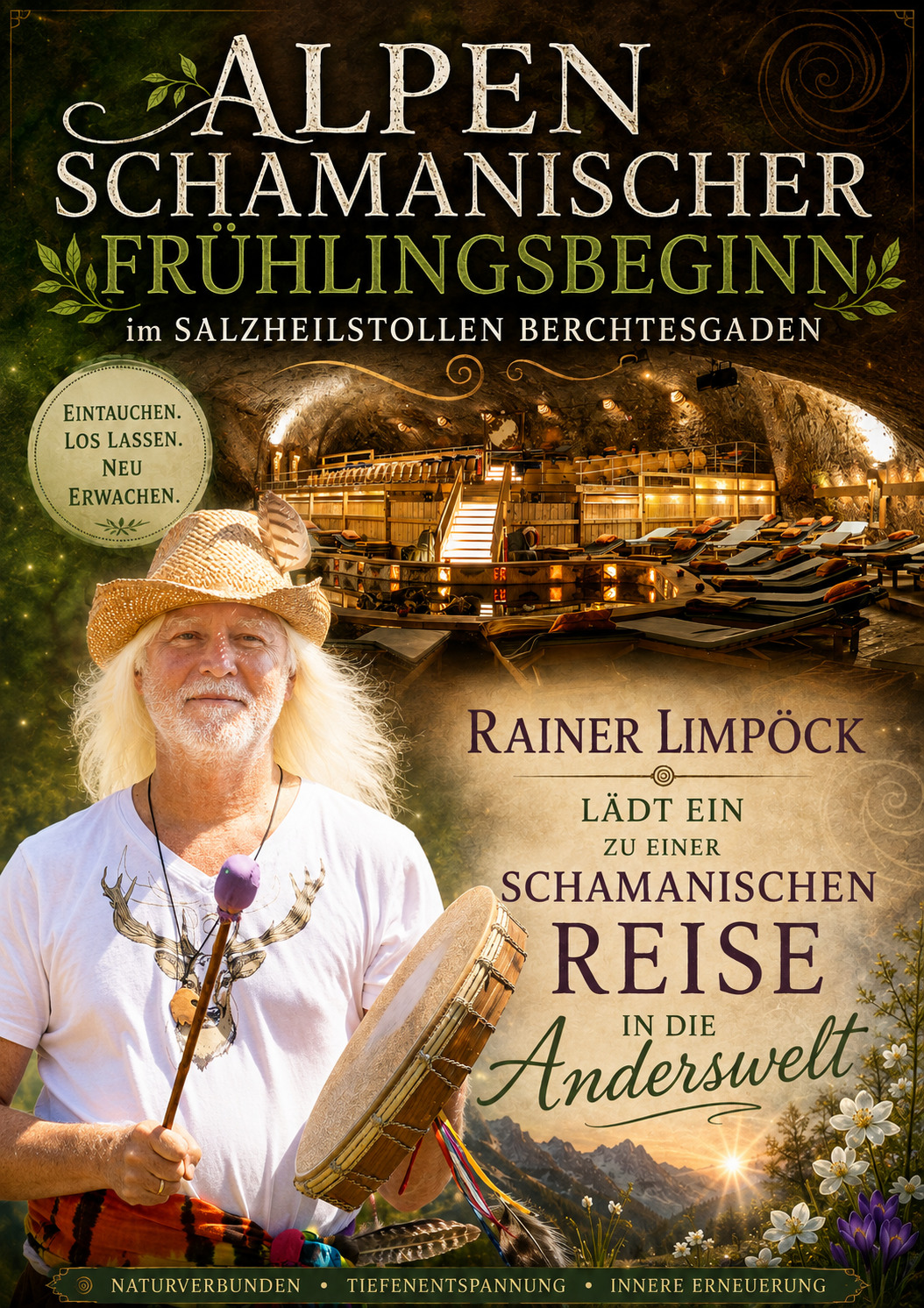 Rainer Limpöck leitet mit der Zeremonie im Salzheilstollen Berchtesgaden eine Trommeltrancereise ein
